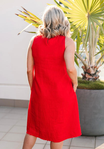 Red Sleeveless Linen Dress